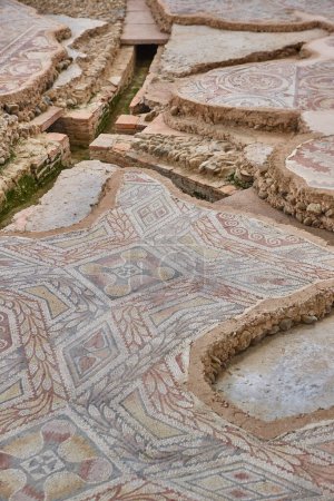 Roman mosaic tiles and hypocaust in La Olmeda. Palencia, Spain