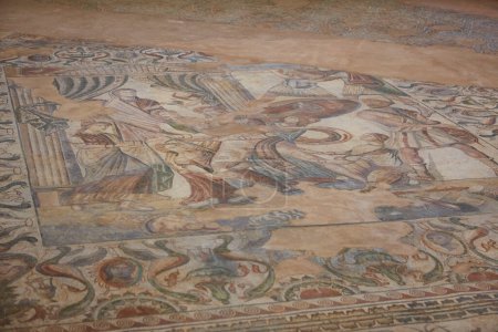 Römische Mosaikfliesen im römischen Dorf La Olmeda. Palencia, Spanien