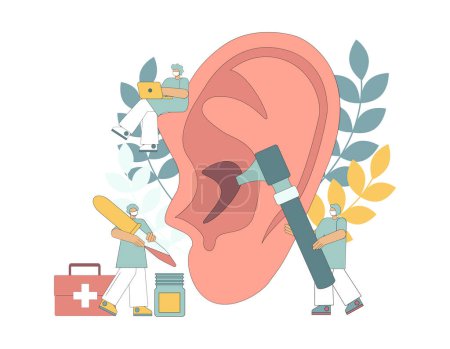 Illustration for Otolaryngology concept. Ear treatment. Small people examine the ear with medical instruments. Deafness treatment. Hearing problems. Hearing diagnostics. Vector flat design illustration. - Royalty Free Image
