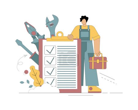 Illustration for Master, repairman. A man with a suitcase with tools and a tablet of completed work. Vector illustration - Royalty Free Image