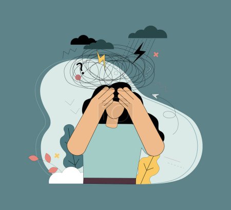 Illustration for Stress. Post-traumatic syndrome. Grief. The pain of loss. A woman holds her head with her hands and experiences excitement and anxiety. Vector illustration. - Royalty Free Image