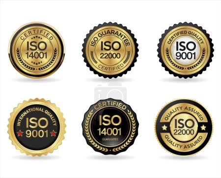 Illustration for Iso certification gold and black badge collection - Royalty Free Image