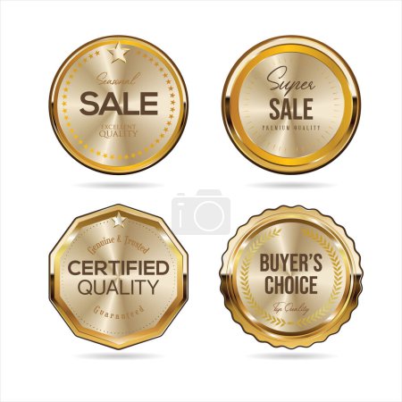 Téléchargez les illustrations : Collection de badges et étiquettes dorées style super vente rétro - en licence libre de droit