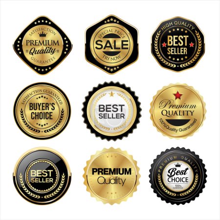 Illustration for Collection of gold and black badges and labels vector illustration - Royalty Free Image