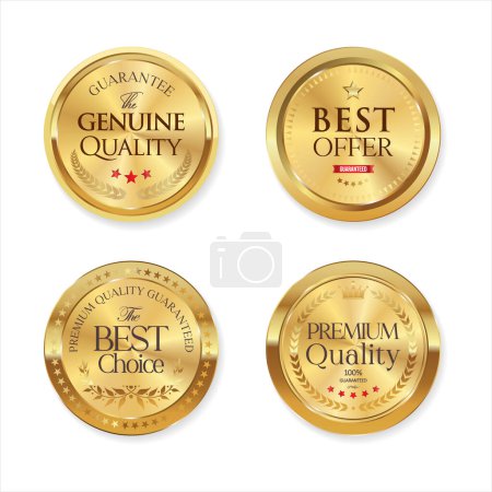 Téléchargez les illustrations : Collection of premium quality round polished gold metal badges on white background - en licence libre de droit