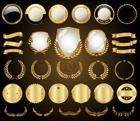Téléchargez les illustrations : Collection of golden badges labels laurel wreaths and shield vector illustration - en licence libre de droit