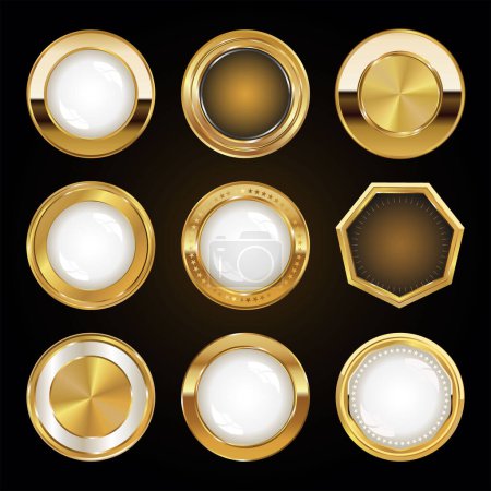 Téléchargez les illustrations : Collection of golden badges isolated on black background vector illustration - en licence libre de droit