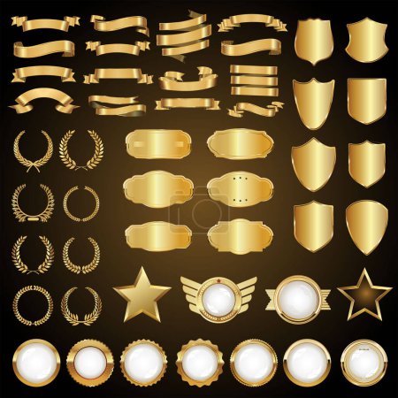 Ilustración de Collection of golden badges isolated on black background vector illustration - Imagen libre de derechos