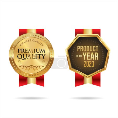 Ilustración de Collection of quality golden badges isolated on white background vector illustration - Imagen libre de derechos