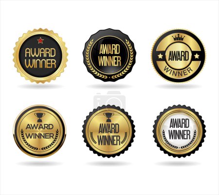 Téléchargez les illustrations : Award Winner emblem collection of golden badge on white background - en licence libre de droit