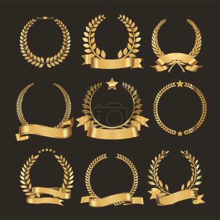 Illustration for Collection of golden laurel wreath logo isolated on white background - Royalty Free Image