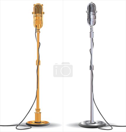 Téléchargez les illustrations : Realistic microphones professional metal mics with wire on holder vector - en licence libre de droit