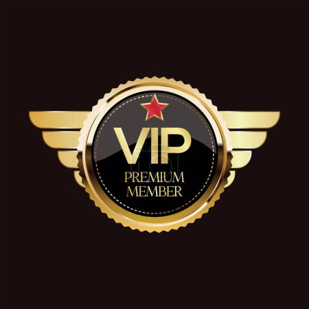 Téléchargez les illustrations : Golden badge VIP premium member design isolated on black background - en licence libre de droit