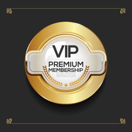 Téléchargez les illustrations : Badge d'or d'adhésion premium Vip sur fond noir - en licence libre de droit
