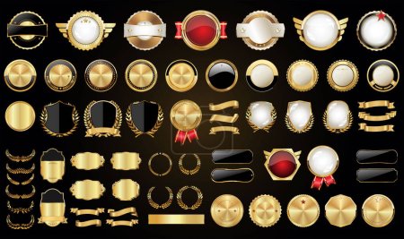 Illustration for Mega collection retro vintage golden badges labels ribbons and shields - Royalty Free Image