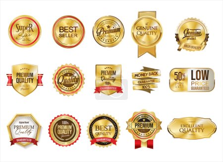 Illustration for Collection of golden commercial labels and ribbon templates vector illustration - Royalty Free Image