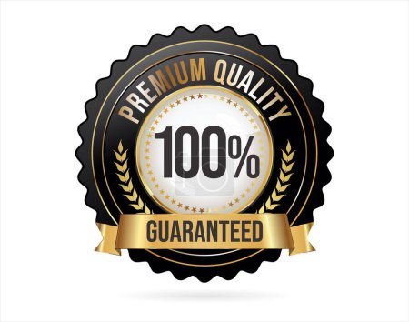 Illustration for 100 Percent premium quality badge with gold ribbon on black background - Royalty Free Image