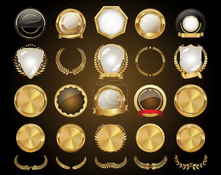 Téléchargez les illustrations : Vecteur médiéval boucliers d'or collection de couronnes de laurier et badges - en licence libre de droit