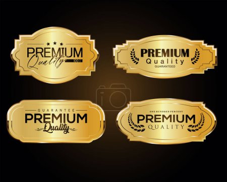 Illustration for Collection of Golden premium quality labels isolated on dark background - Royalty Free Image