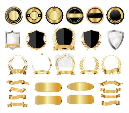 Téléchargez les illustrations : Collection de couronnes de laurier badge doré boucliers dorés et étiquettes - en licence libre de droit