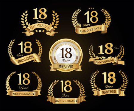 Téléchargez les illustrations : Collection de couronnes de laurier doré anniversaire badges illustration vectorielle - en licence libre de droit