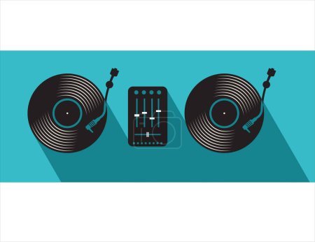Téléchargez les illustrations : Table DJ avec mixeur de platines et illustration vectorielle de disques vinyle - en licence libre de droit