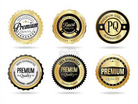 Téléchargez les illustrations : Collection de badges et étiquettes de qualité supérieure dorée illustration vectorielle - en licence libre de droit
