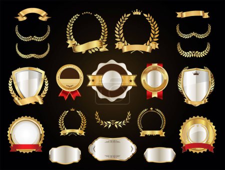 Téléchargez les illustrations : Badges et étiquettes de luxe avec couronne de laurier collection argent et or - en licence libre de droit