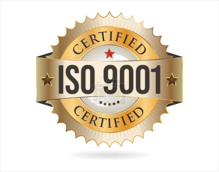 Ilustración de Ilustración vectorial de insignia dorada certificada ISO 9001 sobre fondo blanco - Imagen libre de derechos