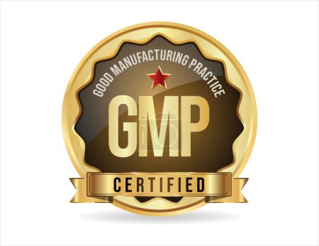 Téléchargez les illustrations : Bonnes pratiques de fabrication GMP certifié or sur fond blanc - en licence libre de droit