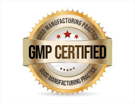 Téléchargez les illustrations : Bonnes pratiques de fabrication GMP certifié or sur fond blanc - en licence libre de droit