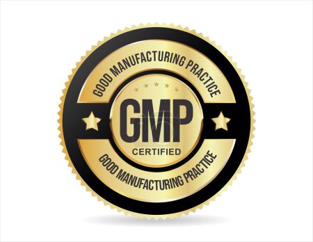 Ilustración de Sello de oro certificado GMP Good Manufacturing Practice sobre fondo blanco - Imagen libre de derechos