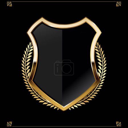 Illustration for Black and gold shield with laurel wreath vector illustration - Royalty Free Image