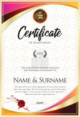 Illustration for Certificate with golden seal and colorful design border - Royalty Free Image