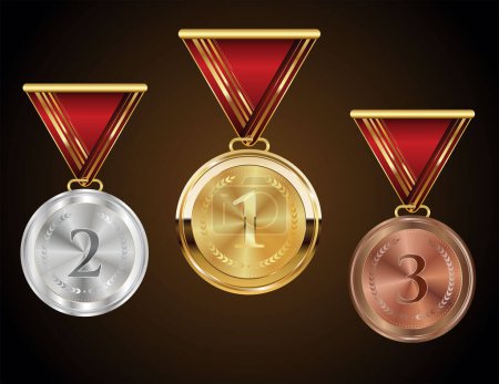 Ilustración de Plata dorada y bronce medallas en blanco colgando en cintas rojas vector ilustración - Imagen libre de derechos