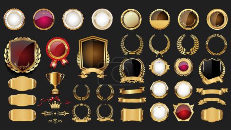 Ilustración de Insignia de oro de lujo escudo cinta y laurel colección vintage retro - Imagen libre de derechos