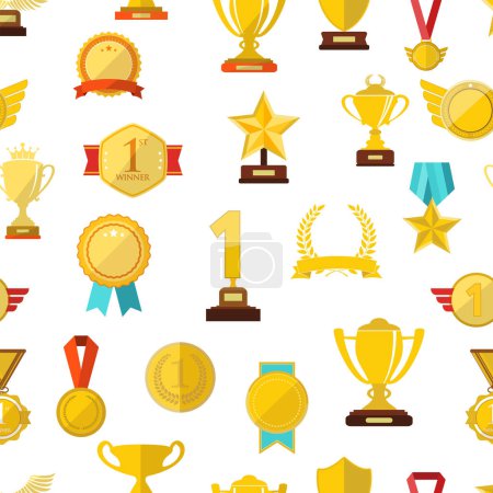 Téléchargez les illustrations : Trophées sportifs et récompenses en illustration vectorielle sans couture de fond de style design plat - en licence libre de droit