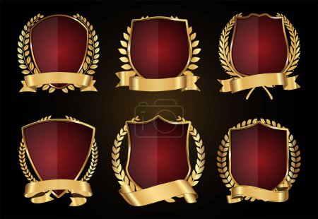 Ilustración de Colección vectorial corona de oro y escudo rojo y laurel - Imagen libre de derechos