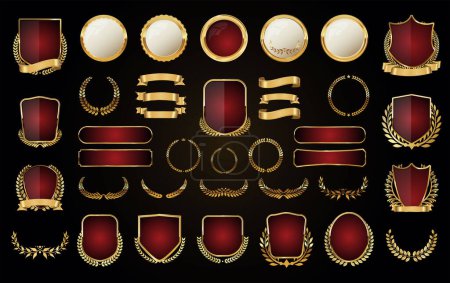 Téléchargez les illustrations : Badge bouclier or et rouge et collection de vecteurs de couronnes de laurier - en licence libre de droit
