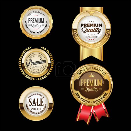 Téléchargez les illustrations : Collection de badges et étiquettes de qualité supérieure dorée - en licence libre de droit