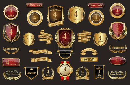 Ilustración de Colección de Aniversario de oro laurel corona insignias y etiquetas vector ilustración - Imagen libre de derechos
