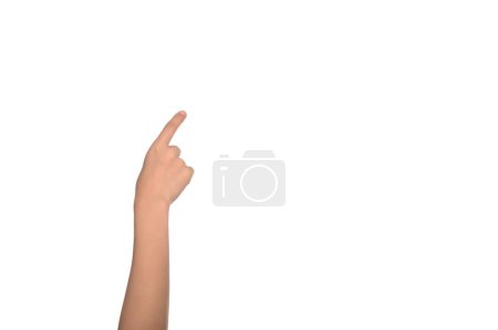 Photo for Hand of asian woman touching invisible screen on background. - Royalty Free Image