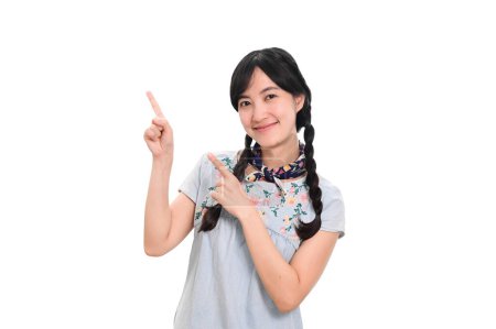 Foto de Retrato hermosa feliz joven asiático mujer en denim vestido sonrisa con muchos mano gesto acción en blanco fondo. - Imagen libre de derechos