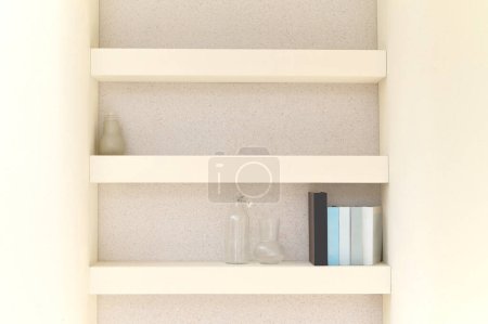 Photo for Vase on book shelf in interior indoor home living room, modern design house wall with white apartment space, decor cosy Scandinavian style furniture background with blank detail - Royalty Free Image
