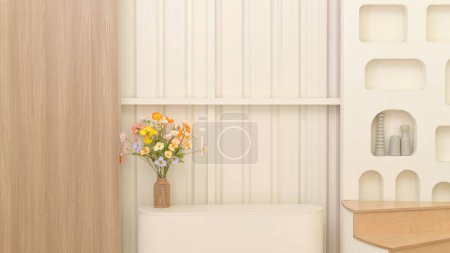 Photo for Beautiful artificial flower brownish glass vase on table inside indoor interior house living room, home decoration wallpaper, design bouquet floral ceramic beside wall background in an apartment - Royalty Free Image