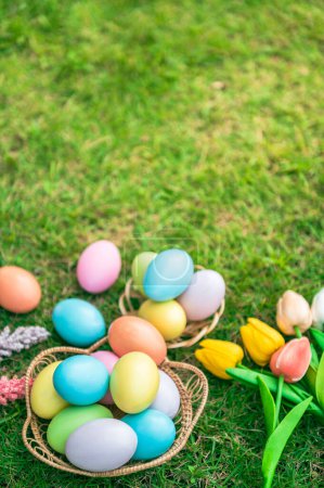 Photo for Colourful Easter eggs decoration in basket with flower on green grass lawn. Happy Easter tradition holiday and seasonal springtime celebration concept. - Royalty Free Image