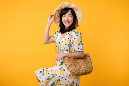 Téléchargez les photos : Portrait attrayant jeune femme asiatique heureuse avec robe de printemps à la mode, chapeau, lunettes de soleil mode et sac tissé isolé sur fond jaune. Vente d'été concept de shopping. - en image libre de droit