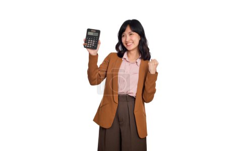 Photo for Tax day concept. Happy asian woman confident smiling holding calculator and fist up, Portrait happy Asian female on white background, Account and finance counting income. - Royalty Free Image