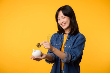 Téléchargez les photos : Joyeux asiatique jeune femme portant t-shirt jaune chemise en denim sauver crypto-monnaie numérique à tirelire isolé sur fond jaune. Concept d'investissement d'épargne numérique. - en image libre de droit