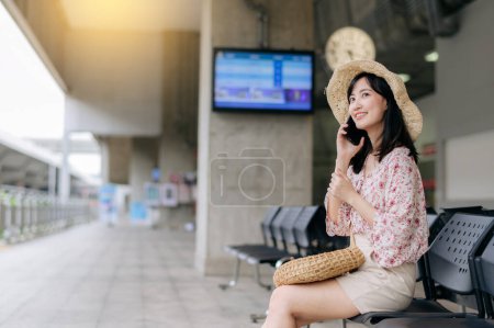 Foto de Asiático joven viajero con cesta de tejer utilizando un teléfono móvil y esperando tren en la estación de tren. Viaje viaje estilo de vida, viajero mundial o concepto de turismo de verano de Asia. - Imagen libre de derechos
